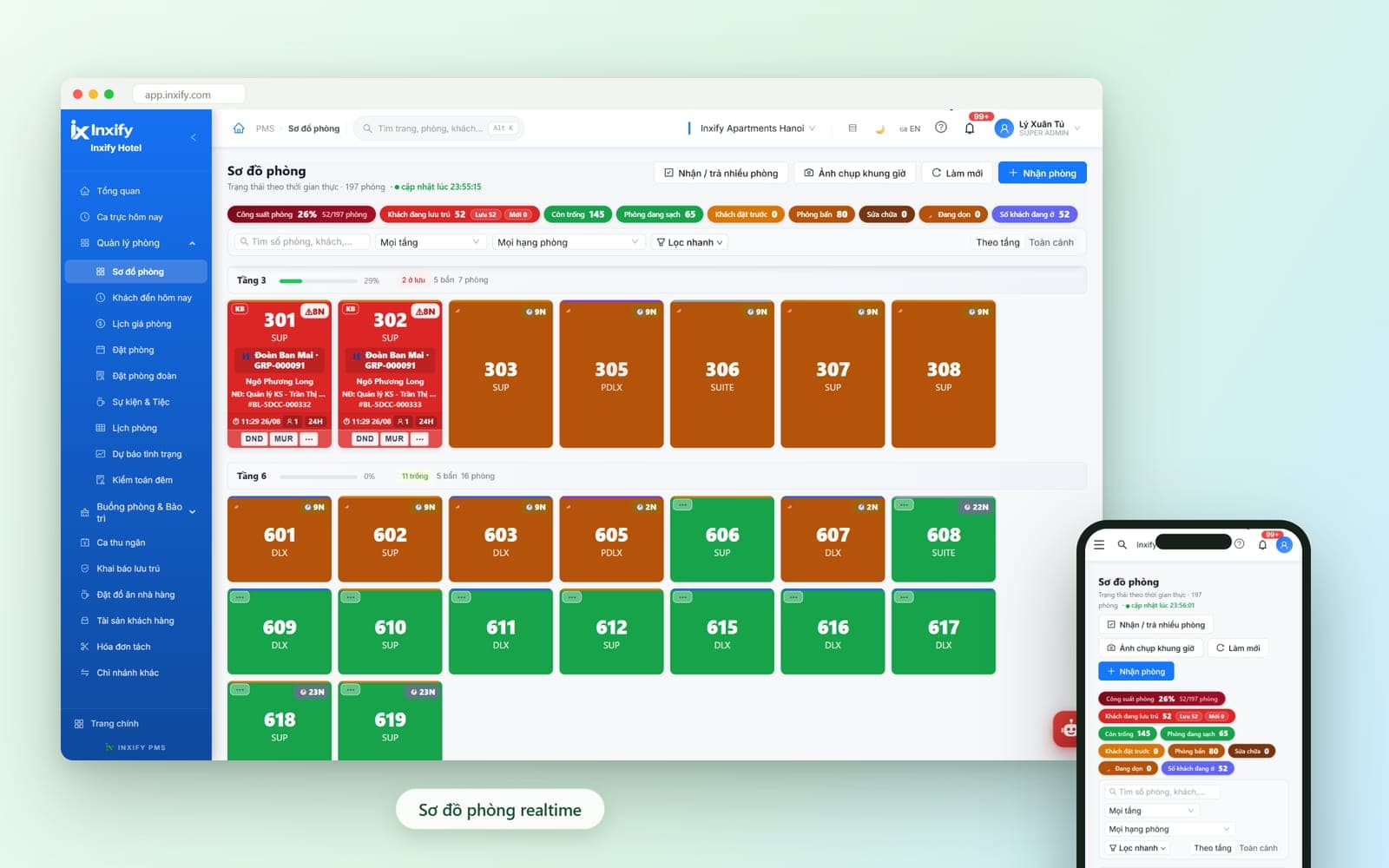 Sơ đồ phòng thời gian thực của Inxify PMS: phòng xếp theo tầng, thẻ phòng tô màu theo trạng thái có khách, chưa dọn, còn trống; dải chip thống kê phía trên và bản điện thoại hiển thị cùng màn hình
