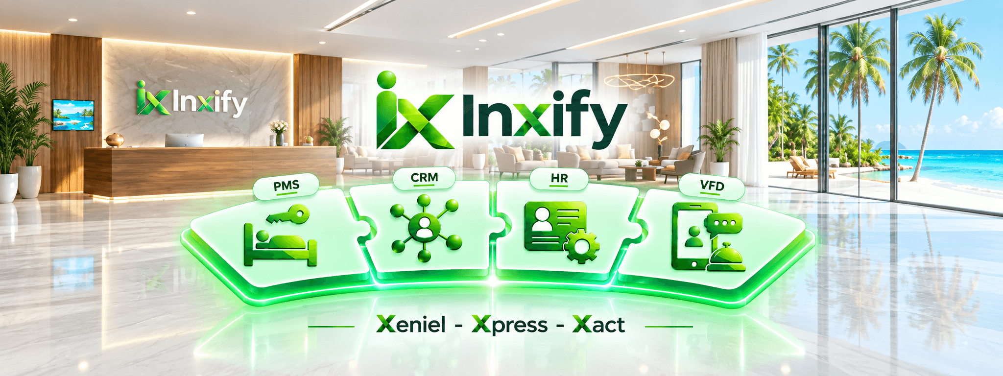 Banner Inxify — các giải pháp PMS, CRM, HRM, Virtual Front Desk ghép thành một nền tảng