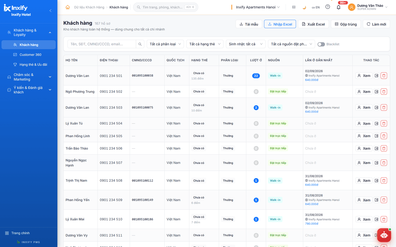 Danh sách khách hàng trong Inxify CRM: ô tìm theo tên, số điện thoại, CCCD, email; bộ lọc phân loại, hạng thẻ, sinh nhật, nguồn đặt phòng; cột hạng thẻ kèm điểm, lượt ở, nguồn và lần ở gần nhất; nút tải mẫu, nhập – xuất Excel và gộp trùng.